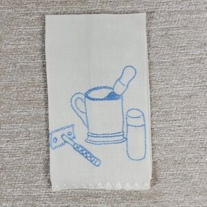 VTG Homemade Embroidered Shaving Hand Towel Linen Blue Safety Razor Mug Brush